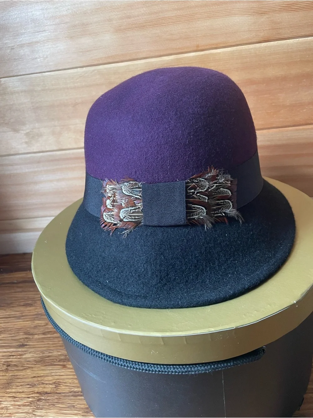 Swan Hat New York Wool Purple and Black Felt Cloche Hat with Feather Trim